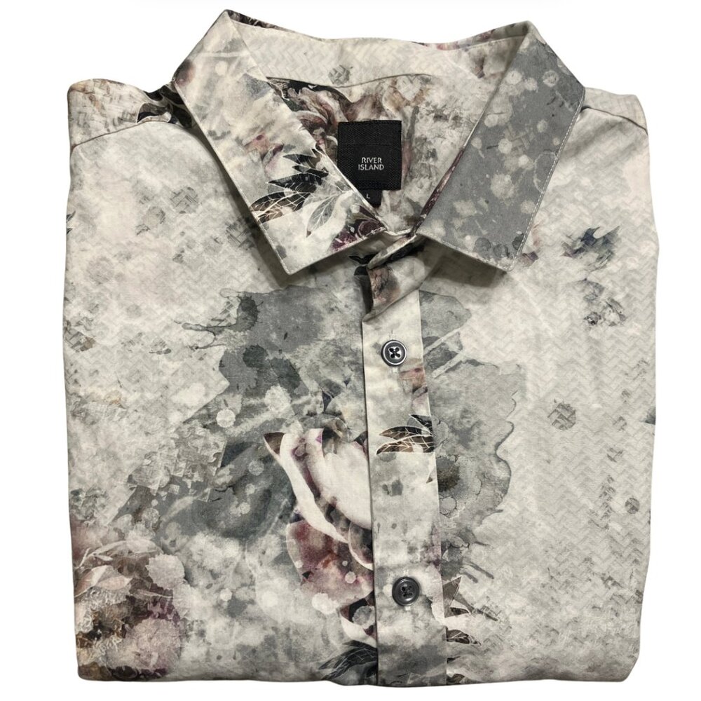 River Island Men’s Floral Watercolor Short Sleeve Shirt Large Grey White Pink